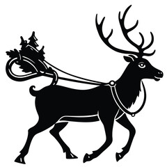 Silhouette Reindeer Pulling Sleigh with Christmas Tree, Black and White Festive Art