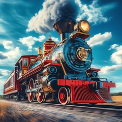 Obraz premium Vintage steam train moving across the countryside on a sunny day