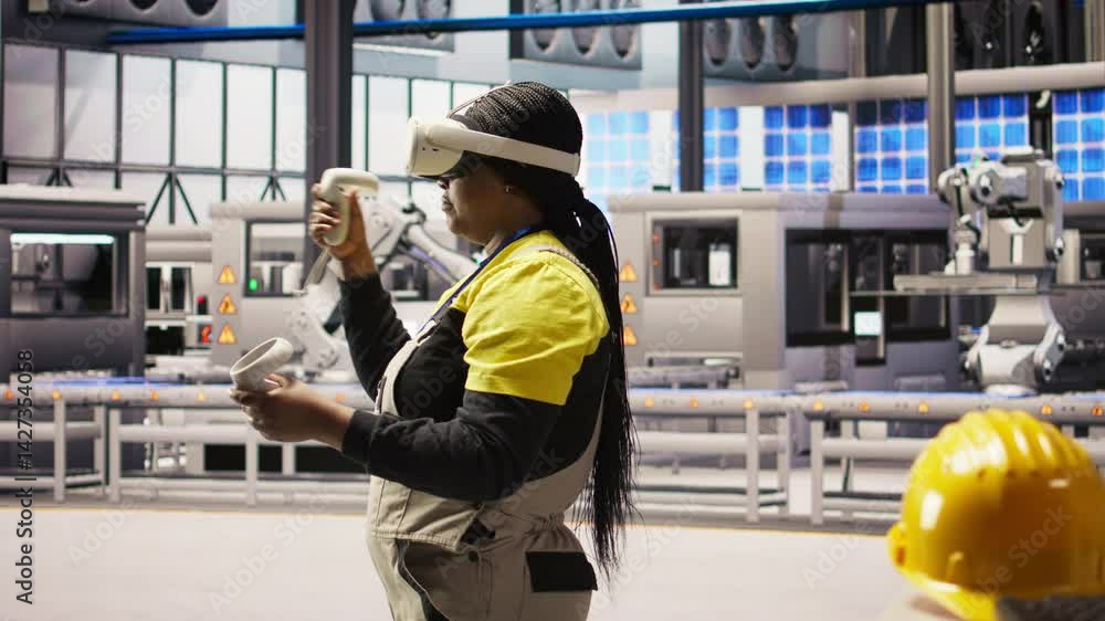 Aufkleber photovoltaics smart factory specialist fixing damaged iot sensors using vr tech. mechanic in industr