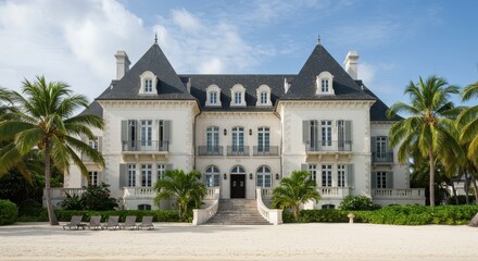 Grand two-story European-style building with white facade, dark shutters, and steep slate roof