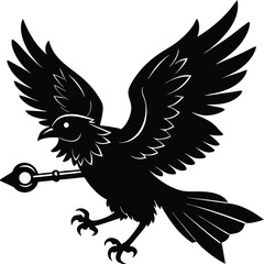 Black Silhouette Raven Flying with Key, Vector Illustration, Winged Bird, Emblem Design
