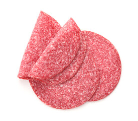 Slices of tasty smoked sausage isolated on white, top view