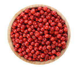 Aromatic peppercorns in bowl isolated on white, top view