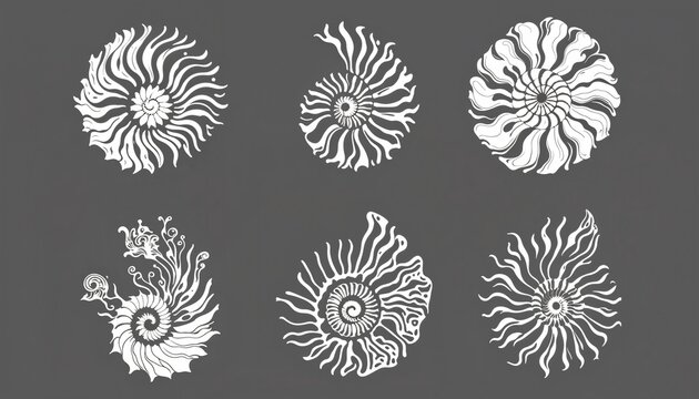 Elegant Nautilus Shells: A collection of intricate illustrations of nautilus shells, each one a unique testament to nature's design, rendered in a monochromatic palette.