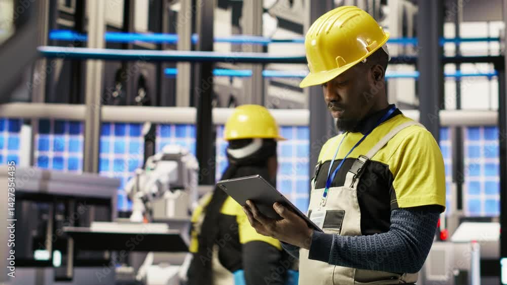 Poster smart factory repairman using tablet to analyze iot sensors data before upgrading assembly lines. in
