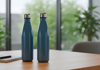 Two teal blue insulated water bottles on light wood surface