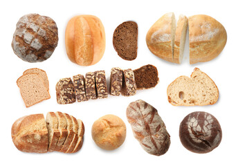 Different types of bread isolated on white, top view