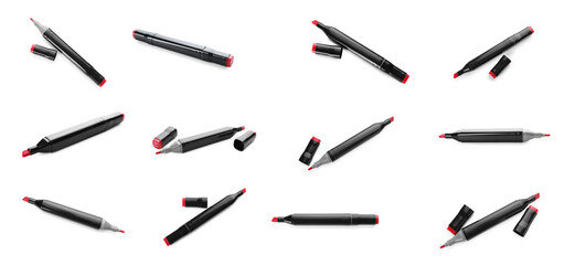 Red double sided marker on white background, collage. Views from different sides