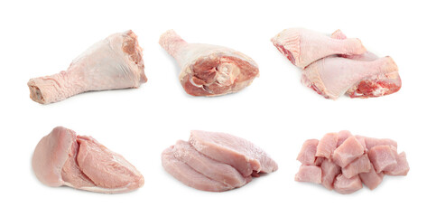Fresh raw turkey meat isolated on white, set