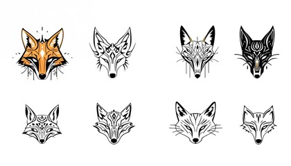 Fox Head Graphic Set: Collection of eight stylized fox head illustrations, featuring variations in color and line art, perfect for logo design, branding, or tattoo inspiration.