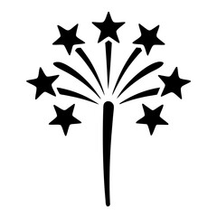 Stylized starburst or firework with seven star shaped accents in silhouette
