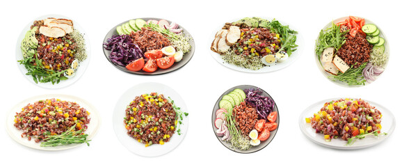 Tasty salads with brown rice isolated on white, set