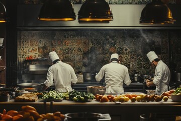 Chefs preparing gourmet dishes in a bustling kitchen during dinner service, showcasing culinary skills and teamwork in a vibrant restaurant environment