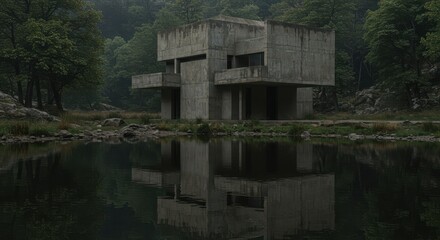 Aged concrete industrial building reflected in a serene forest pond