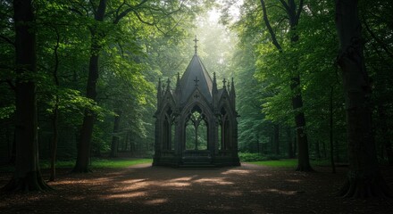 Gothic gazebo in a dense forest with sunlight streaming through the canopy