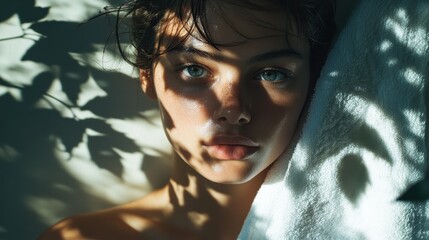 Striking portrait with dappled sunlight casting shadows across a woman&rsquo;s face and luminous skin. Intense gaze and natural beauty