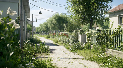 Obraz premium Abandoned Country Road With Overgrown Vegetation And Old Buildings