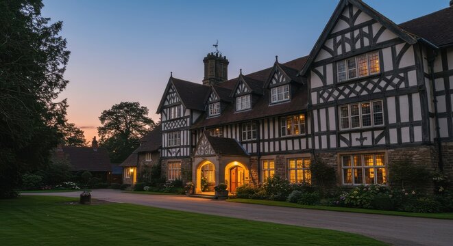 Historic Tudor building with half-timbered design and central tower at dusk - Powered by Adobe