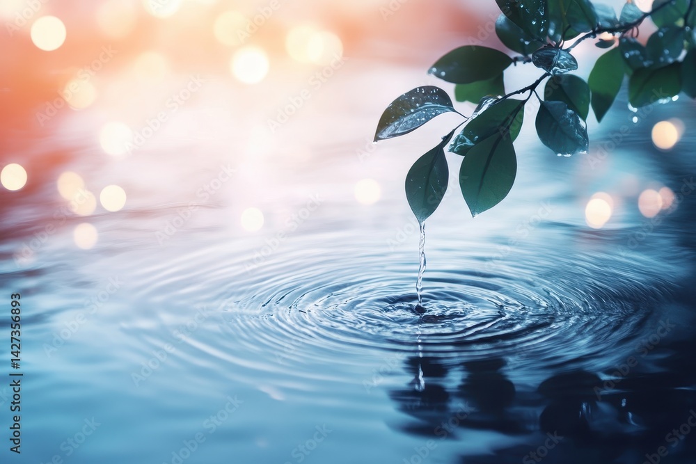 Poster rippling water reflects calming leaves as soft light sparkles on the surface in a serene outdoor env