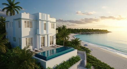 Modern two-story house with infinity pool on a coastal property with sandy beach