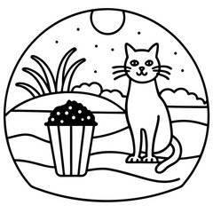 cat eating food beach sunset vector