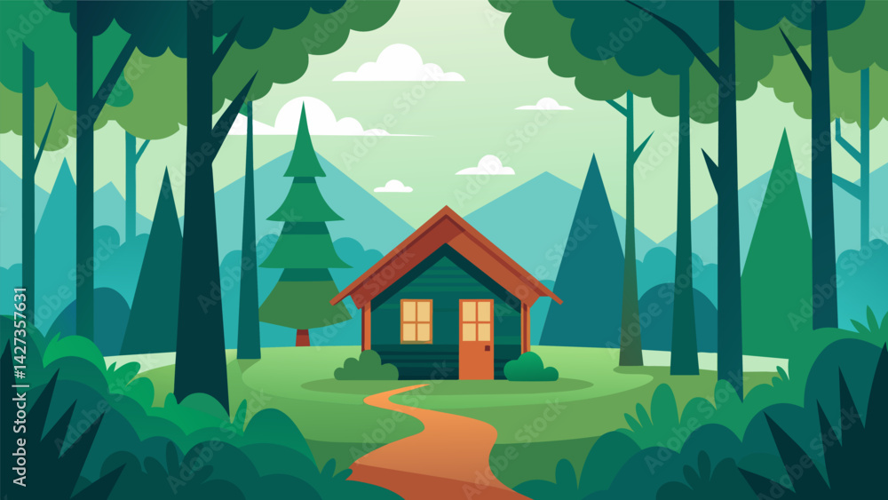 Poster a tranquil forest with a small cabin symbolizing the inner peace and contentment achieved through pr