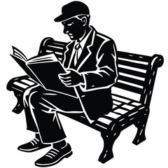 Man Reading Book on Park Bench - Black and White Vector Illustration of a Person Enjoying Literature Outdoors