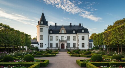 Grand white castle with turret and symmetrical garden on sunny day