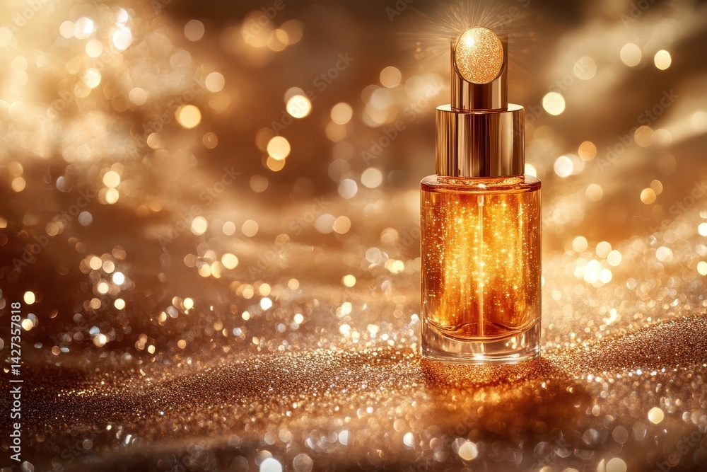 Poster golden liquid captures the light in an elegant bottle resting on shimmering fabric in a luxurious se