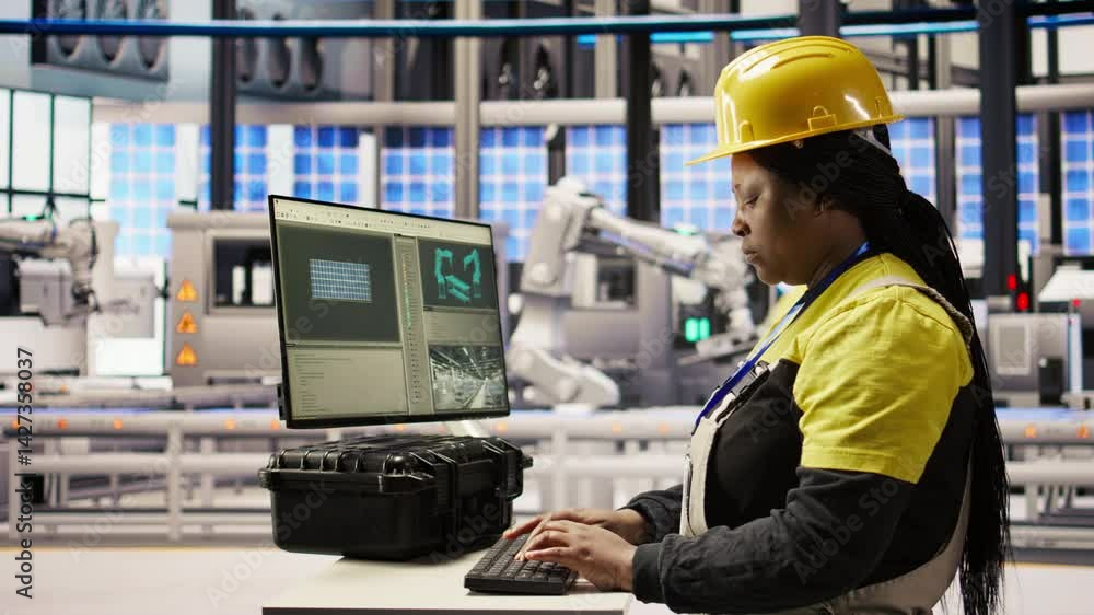 Poster engineer in photovoltaics factory using pc display to look at system performance metrics. worker in 