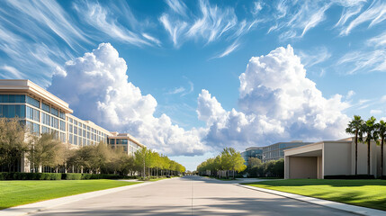 Obraz premium Empty Street Between Modern Office Buildings Under Sunny Sky