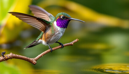 Fototapeta premium Hummingbird Resting on Branch Near Water with Colorful Plumage Detail