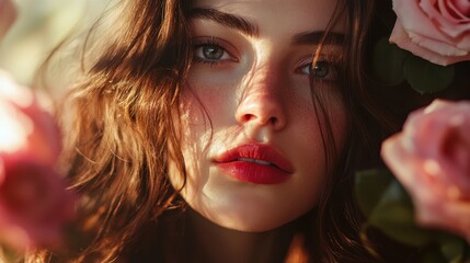 Radiant woman with striking eyes framed by soft, sunlit curls and delicate pink roses. A captivating portrait with warm, golden tones