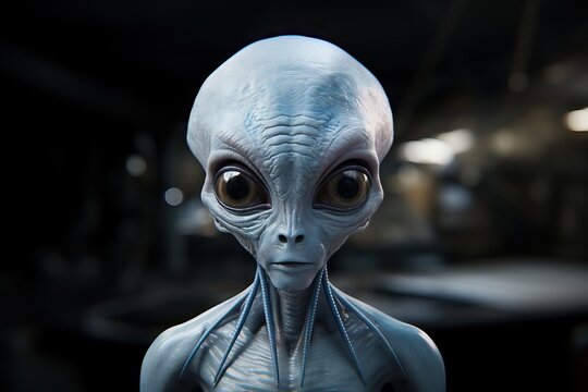 Realistic alien portrait with large eyes and elongated head. Extraterrestrial being concept for science fiction movie, book cover, or UFO conspiracy theory illustration