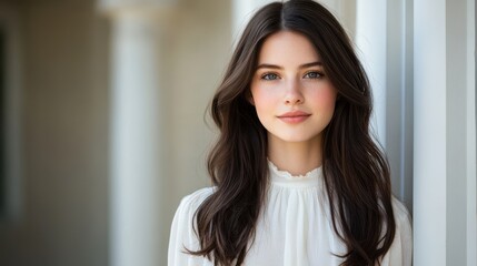 A beautiful woman with long, dark hair and delicate features poses in soft light, wearing a white blouse. Her gaze is direct and captivating