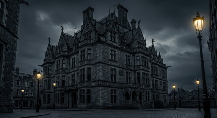 Obraz premium Historic Gothic building with pointed arches in a dimly lit cobblestone square