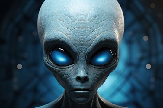 Alien face with glowing blue eyes in dark starry background. Extraterrestrial life concept. Science fiction artwork for book cover, movie poster or gaming design.