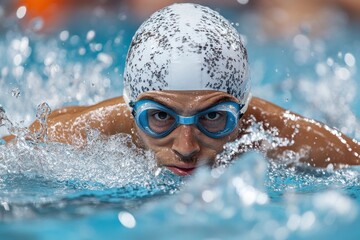 Competitive swimmer demonstrates skill and determination during a race in an indoor pool setting with splashes of water flying around at a sports event