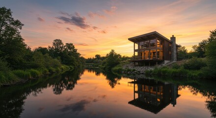 Fototapeta premium Modern two-story house by calm water at sunset with vibrant sky and lush greenery
