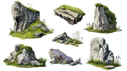 Realistic Rock Formations Set Digital Painting Grey Stones Green Grass Isolated Nature Elements Landscape Design Game Asset White Background High Resolution Detailed Texture Clipping Path Botanical   