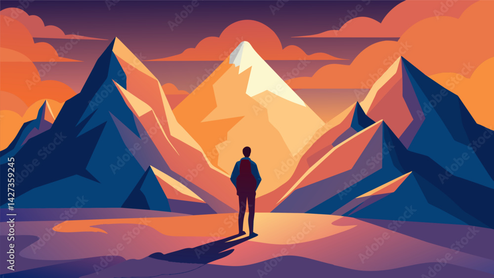 Poster a person standing in front of a mountain range symbolizing the challenges and obstacles one must con