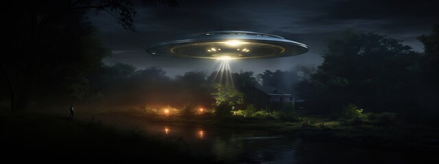 Ufo hovering over night landscape with glowing lights. Alien spaceship abduction concept. Mysterious extraterrestrial visit scene. Sci-fi artwork for book cover or movie poster