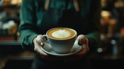 A warm cup of latte art, delicately held against a dark, blurred background. Cozy and inviting