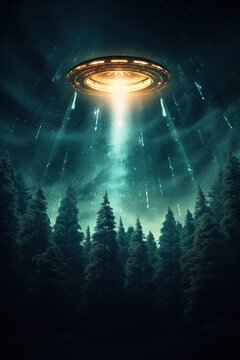 Ufo hovering over dark forest at night. Alien spaceship with bright lights beam abducting. Extraterrestrial invasion concept. Science fiction scene for book cover or movie poster