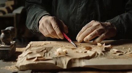 A skilled artisan carves wood with precision, hands weathered by craft shaping a detailed relief. Warm, focused lighting highlights the texture