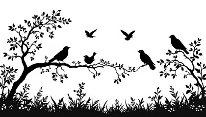 Naklejka premium Tranquil Silhouette: A minimalist, yet evocative silhouette showcases birds perched amidst a network of branches, all set against a serene sky, symbolizing freedom and serenity.