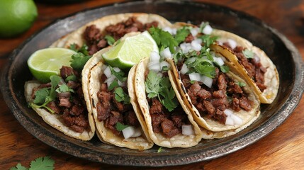 Delicious seasoned tacos served on a rustic metal serving platter