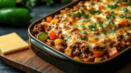 A bubbling, cheesy casserole with visible vegetables, served on a wooden board with a slice of cheese nearby. Warm and inviting comfort food