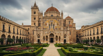 Obraz premium Grand cathedral with colorful mosaics and frescoes in a serene courtyard