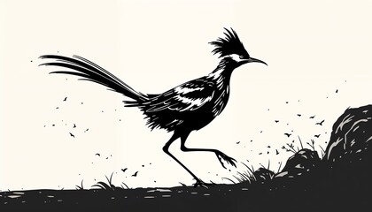 Fototapeta premium Roadrunner Silhouette: A sleek, stylized silhouette of a roadrunner sprints across a minimalist backdrop. Perfect for adding a touch of desert wildlife to your designs.